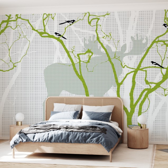 Fototapet Photowall PHW-E20273. Conține culorile: Galben, Galben Sulfuric, Alb, Alb Papirus, Negru, Negru Închis, Verde, Verde-Galben, Verde, Verde Măsliniu