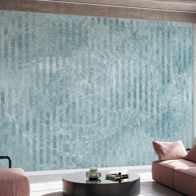 Tapet Specular Reflection, Blue Grey, cu un design abstract alb-negru pe un fundal albastru-gri.