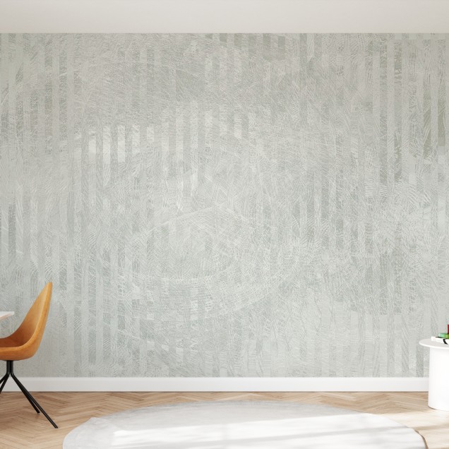 Tapet gri cu reflexii subtile, decorat cu un design geometric minimalist. Tapetul este perfect pentru a crea o atmosfera elegantă și sofisticată.