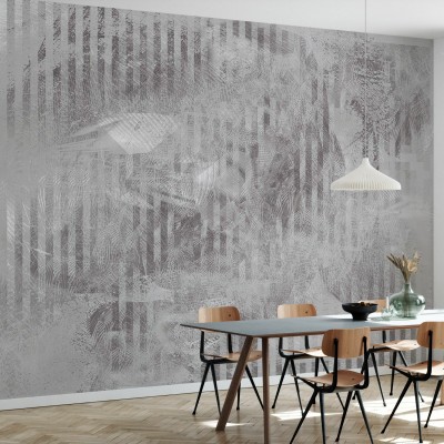 Tapet abstract cu reflexii subtile în gri grafita, decorat în sala de mese