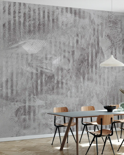 Tapet abstract cu reflexii subtile în gri grafita, decorat în sala de mese