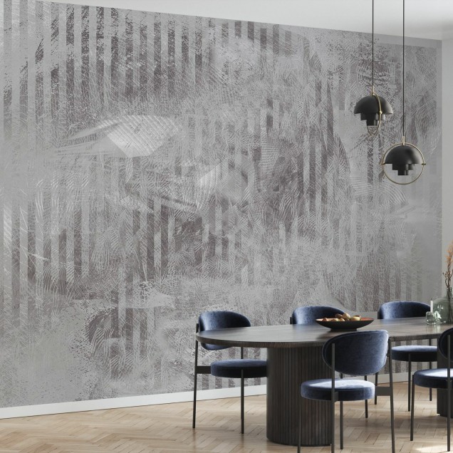 Tapet abstract cu reflexii subtile în gri grafita, decorat în sala de mese