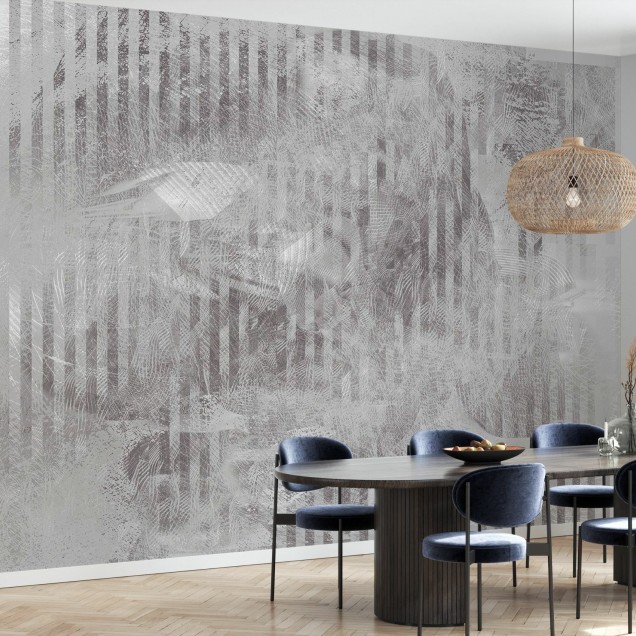 Tapet abstract cu reflexii subtile în gri grafita, decorat în sala de mese