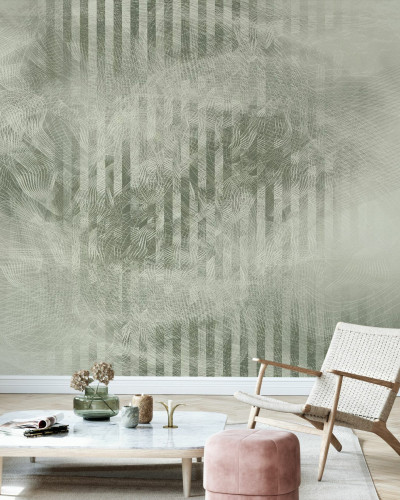 Tapet abstract modern cu design elegant, in nuante neutre de gri si verde, in camera de zi.