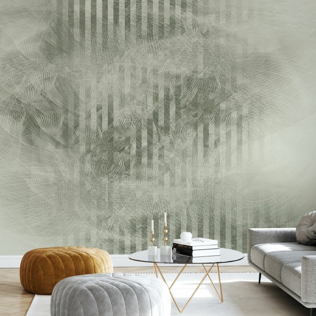 Tapet abstract modern cu design elegant, in nuante neutre de gri si verde, in camera de zi.