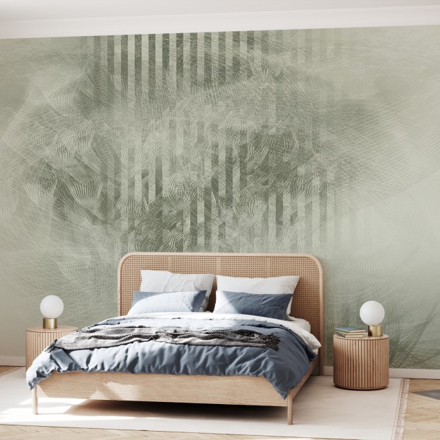 Tapet abstract modern cu design elegant, in nuante neutre de gri si verde, in camera de zi.