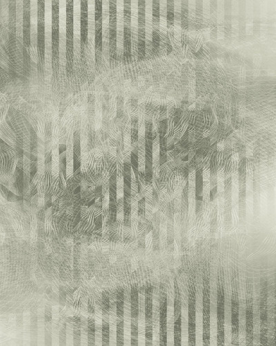 Tapet abstract modern cu design elegant, in nuante neutre de gri si verde, in camera de zi.
