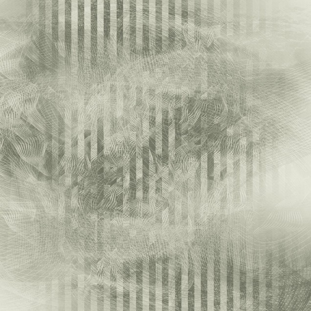Tapet abstract modern cu design elegant, in nuante neutre de gri si verde, in camera de zi.