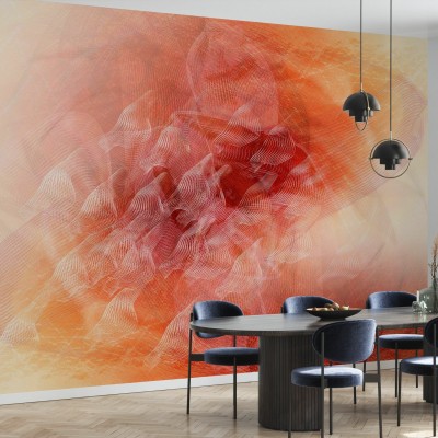 Tapet abstract cu linii curgătoare în nuanțe de portocaliu. Tapetul este decorat cu linii subtile care creează un efect dinamic și modern.