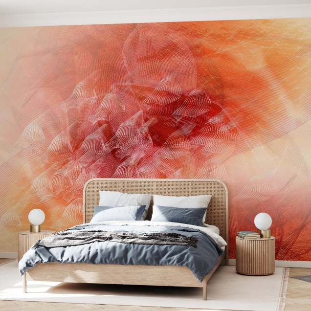 Tapet abstract cu linii curgătoare în nuanțe de portocaliu. Tapetul este decorat cu linii subtile care creează un efect dinamic și modern.