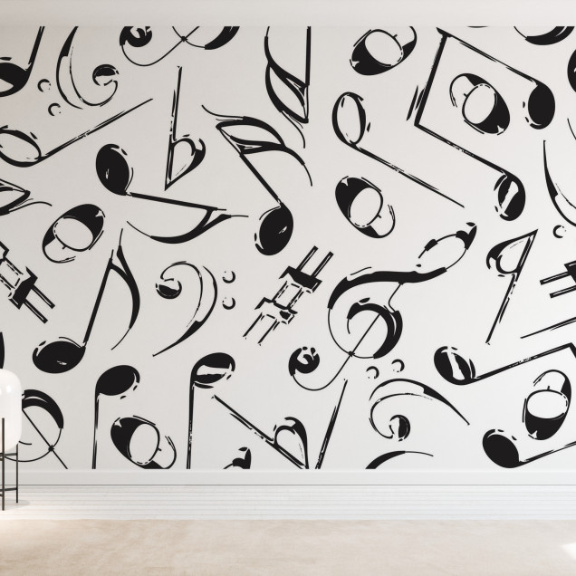 Tapet Grunge Musical Notes cu note muzicale negre pe un fundal alb