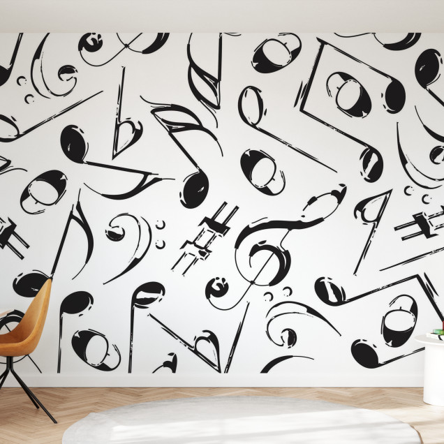 Tapet Grunge Musical Notes cu note muzicale negre pe un fundal alb