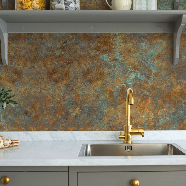 Tapet cu aspect vintage cu tonuri de auriu si verde, perfect pentru living, dormitor sau bucatarie