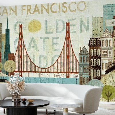Tapet cu un design artistic al San Francisco, cu Podul Golden Gate, clădiri iconice și repere importante.