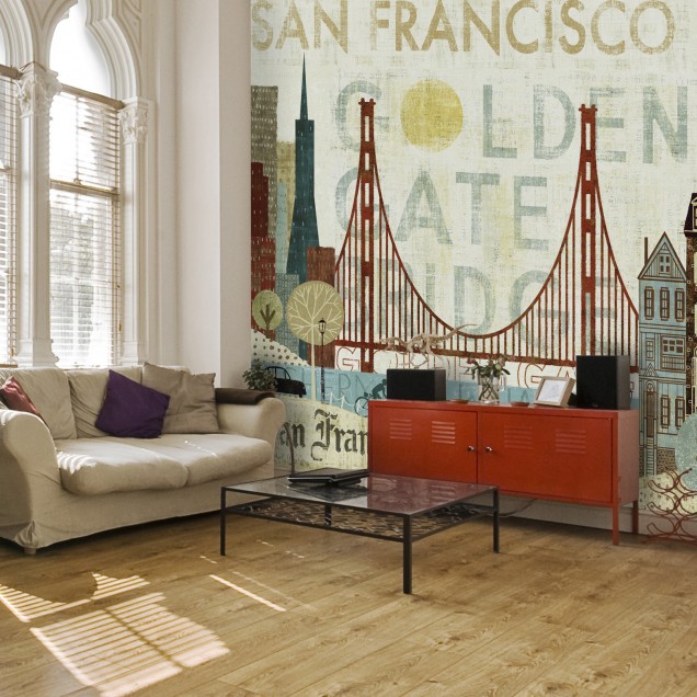 Tapet cu un design artistic al San Francisco, cu Podul Golden Gate, clădiri iconice și repere importante.