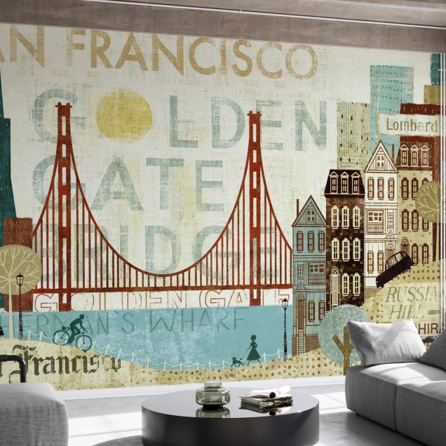 Tapet cu un design artistic al San Francisco, cu Podul Golden Gate, clădiri iconice și repere importante.