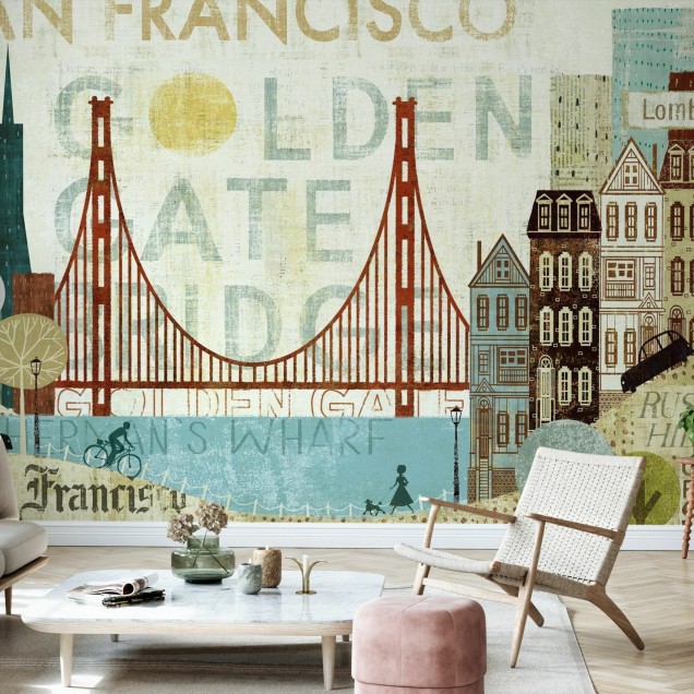 Tapet cu un design artistic al San Francisco, cu Podul Golden Gate, clădiri iconice și repere importante.