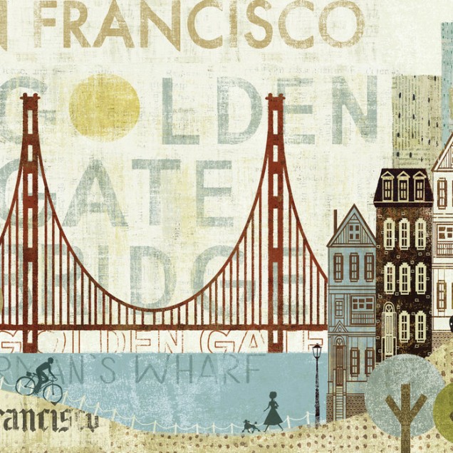 Tapet cu un design artistic al San Francisco, cu Podul Golden Gate, clădiri iconice și repere importante.