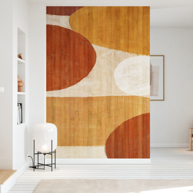 Tapet modern abstract Costa del Sol I cu cercuri de diferite marimi si culori calda, in living