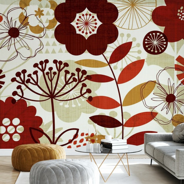 Tapet floral modern cu flori rosii si aurii