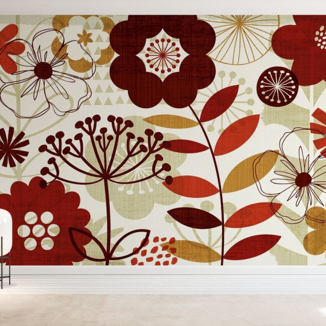 Tapet floral modern cu flori rosii si aurii