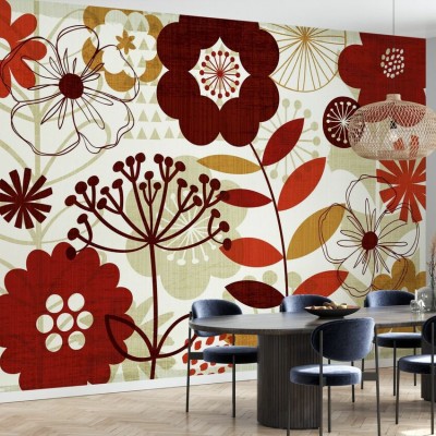 Tapet floral modern cu flori rosii si aurii