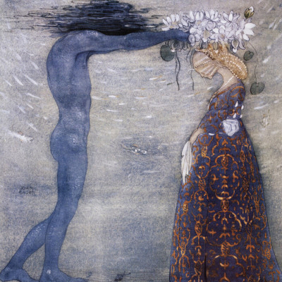Tapet Agneta och Sjökungen, o ilustrație a lui John Bauer, prezintă o scenă magică și misterioasă.