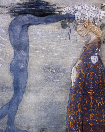 Tapet Agneta och Sjökungen, o ilustrație a lui John Bauer, prezintă o scenă magică și misterioasă.