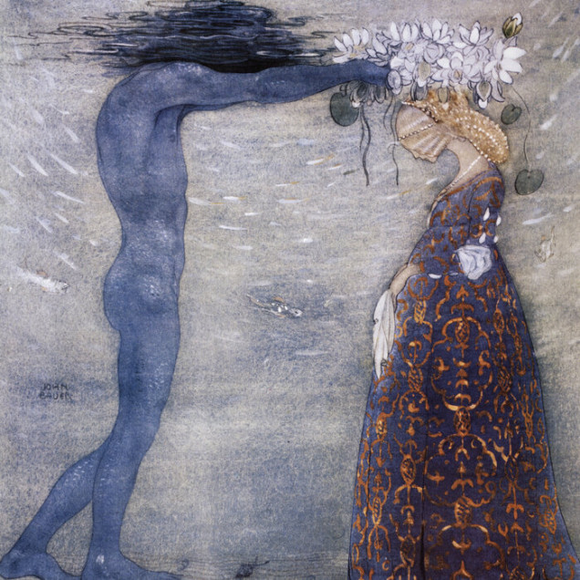 Tapet Agneta och Sjökungen, o ilustrație a lui John Bauer, prezintă o scenă magică și misterioasă.
