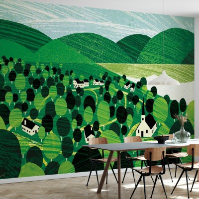 Tapet Vermont Landscape, cu un peisaj verde, dealuri, copaci si case mici.