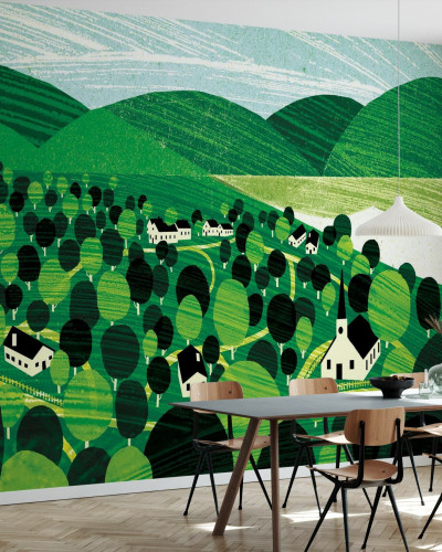 Tapet Vermont Landscape, cu un peisaj verde, dealuri, copaci si case mici.