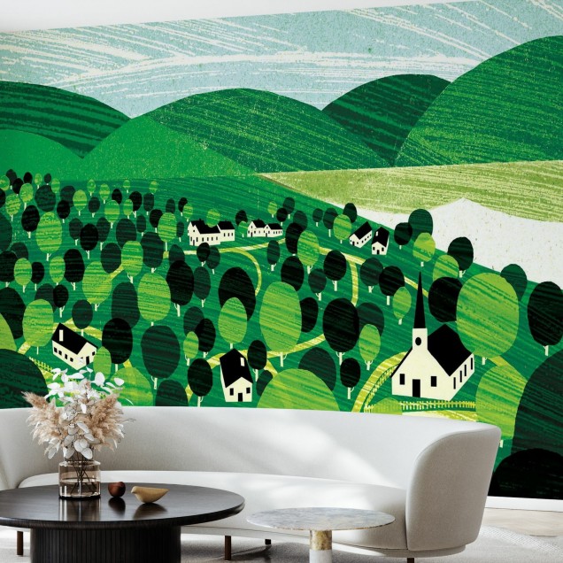 Tapet Vermont Landscape, cu un peisaj verde, dealuri, copaci si case mici.