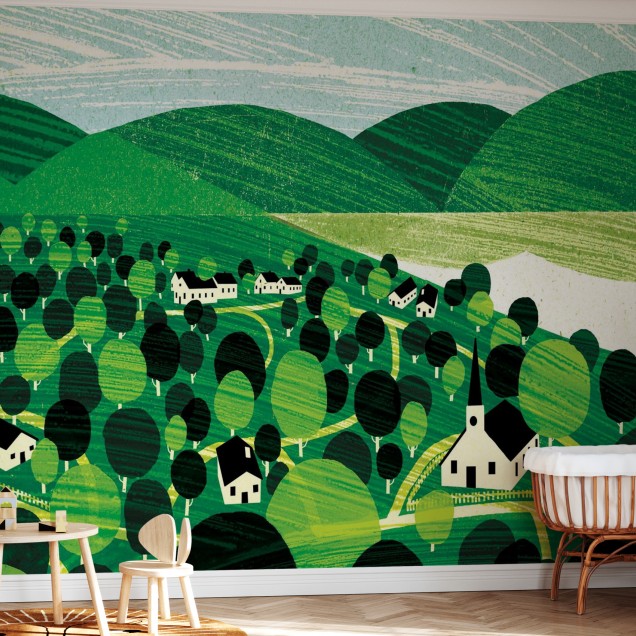 Tapet Vermont Landscape, cu un peisaj verde, dealuri, copaci si case mici.
