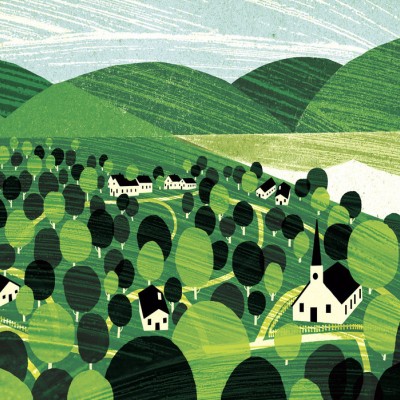 Tapet Vermont Landscape, cu un peisaj verde, dealuri, copaci si case mici.