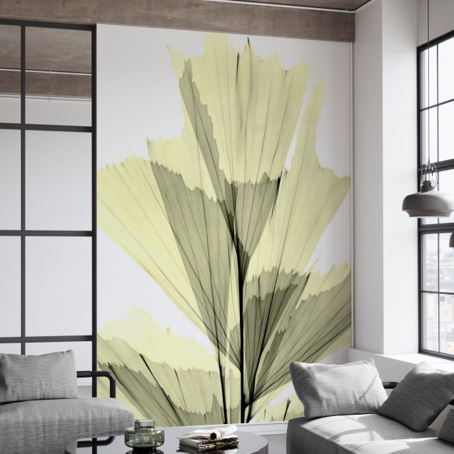 Tapet cu un design minimalist, cu un palmier in nuante de verde si galben, ideal pentru un interior modern.