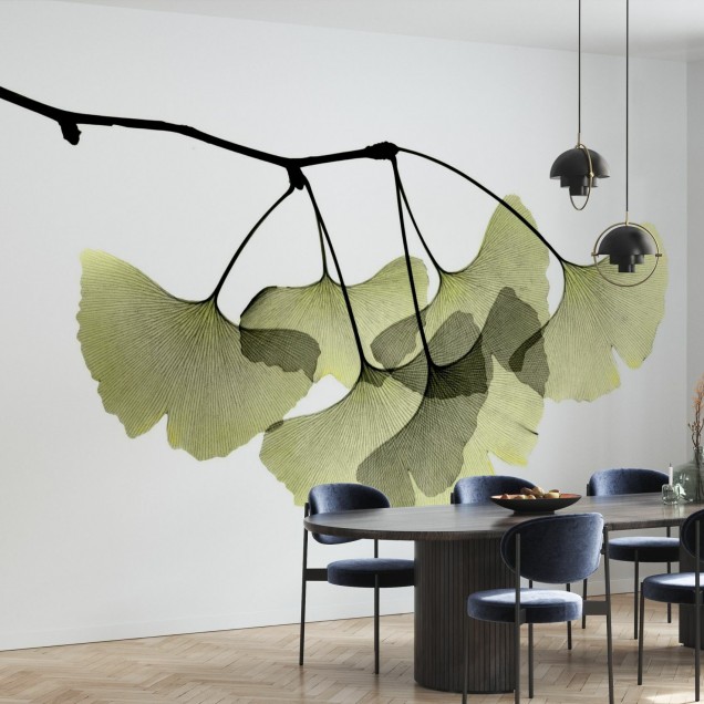 Tapet cu design minimalist Ginkgo Biloba, cu frunze de Ginkgo Biloba in tonuri delicate de verde