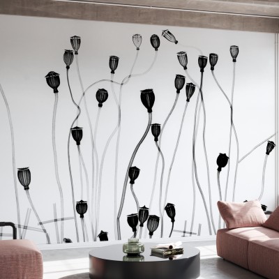 Tapet minimalist cu flori negre pe un fundal alb