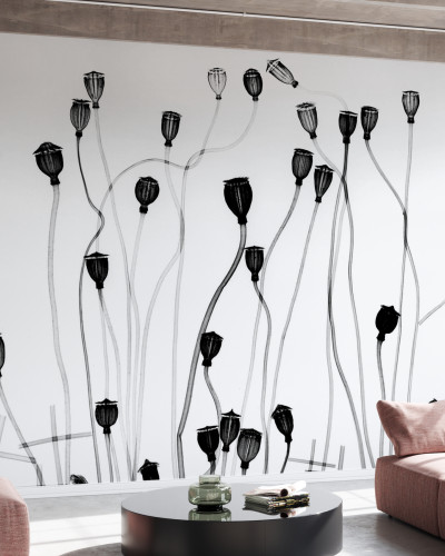 Tapet minimalist cu flori negre pe un fundal alb