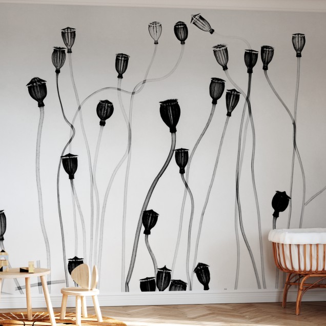 Tapet minimalist cu flori negre pe un fundal alb