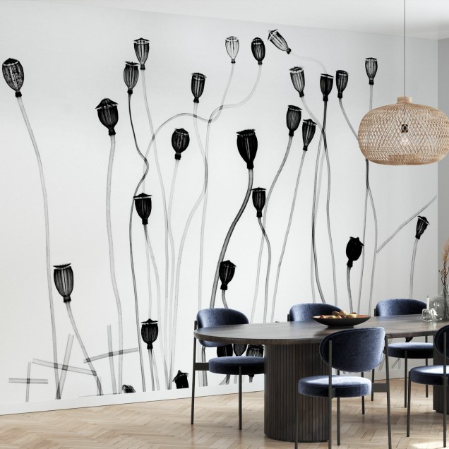 Tapet minimalist cu flori negre pe un fundal alb