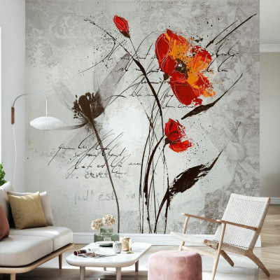 Fototapet cu flori roșii și negre stilizate