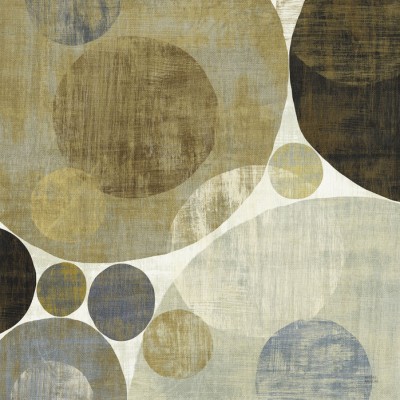 Wallpaper abstract cu cercuri suprapuse, in nuante de verde si albastru, montat pe un perete din living