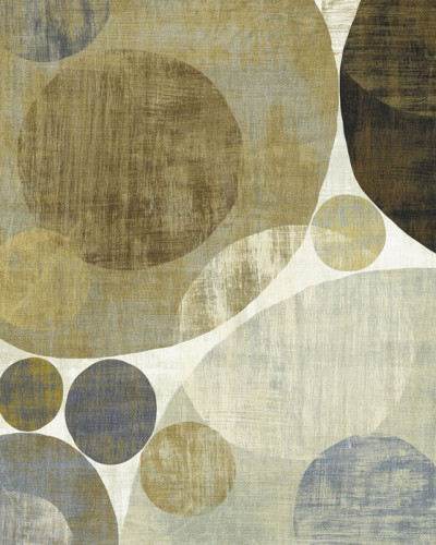 Wallpaper abstract cu cercuri suprapuse, in nuante de verde si albastru, montat pe un perete din living