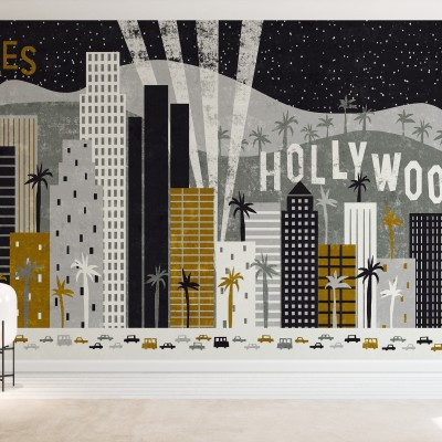 Fototapet Hey Los Angeles cu un orizont minimalist din Los Angeles, palmieri, și mașini.
