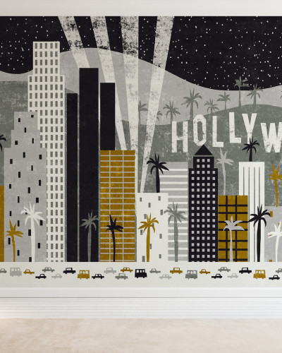 Fototapet Hey Los Angeles cu un orizont minimalist din Los Angeles, palmieri, și mașini.