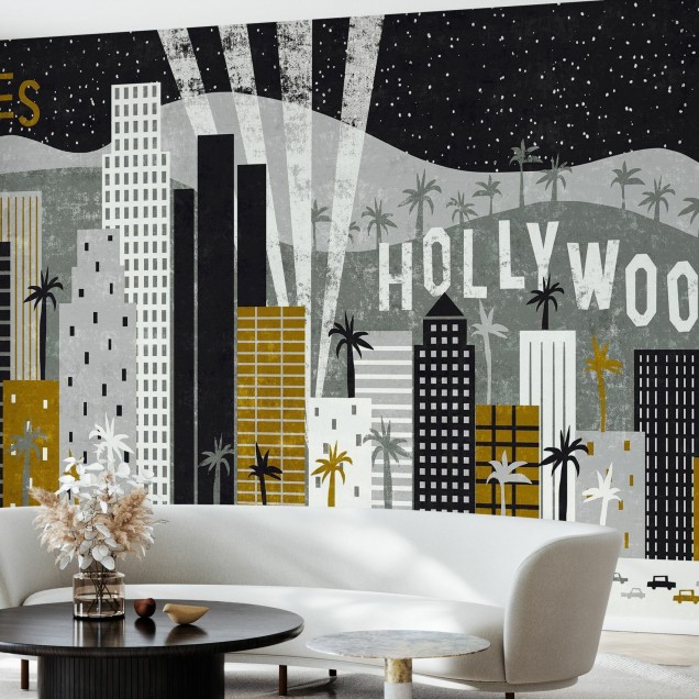 Fototapet Hey Los Angeles cu un orizont minimalist din Los Angeles, palmieri, și mașini.
