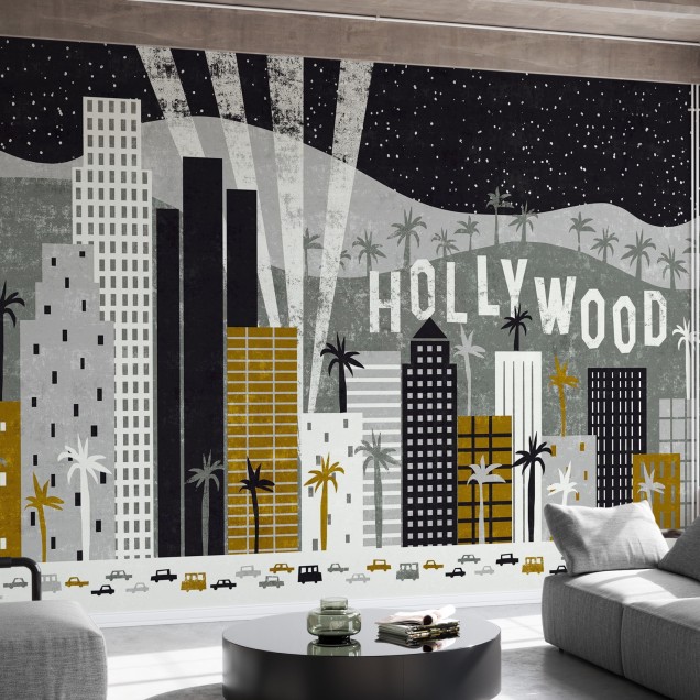 Fototapet Hey Los Angeles cu un orizont minimalist din Los Angeles, palmieri, și mașini.