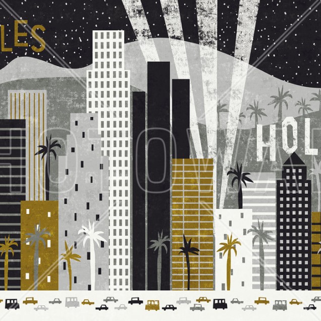 Fototapet Hey Los Angeles cu un orizont minimalist din Los Angeles, palmieri, și mașini.