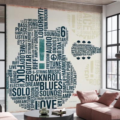 Tapet cu chitară electrică formată din cuvinte din lumea muzicii. Design industrial chic cu vibe energic.