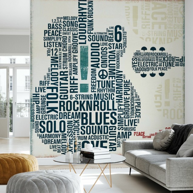 Tapet cu chitară electrică formată din cuvinte din lumea muzicii. Design industrial chic cu vibe energic.